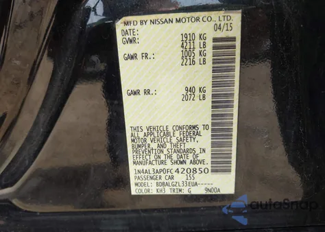 2015 Nissan Altima 2.5/2.5 S/2.5 Sl/2.5 Sv из США, поврежденный, VIN 1N4AL3AP0FC420850